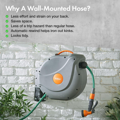 VonHaus Hose Reel 20m – Wall Mounted Hose Reel for Garden, Retractable, Auto Lock and Auto Rewind, Includes Wall Fixings and 8 Function Spray Gun, 180° Pivot Swivelling, Long Reach, Outdoor Watering