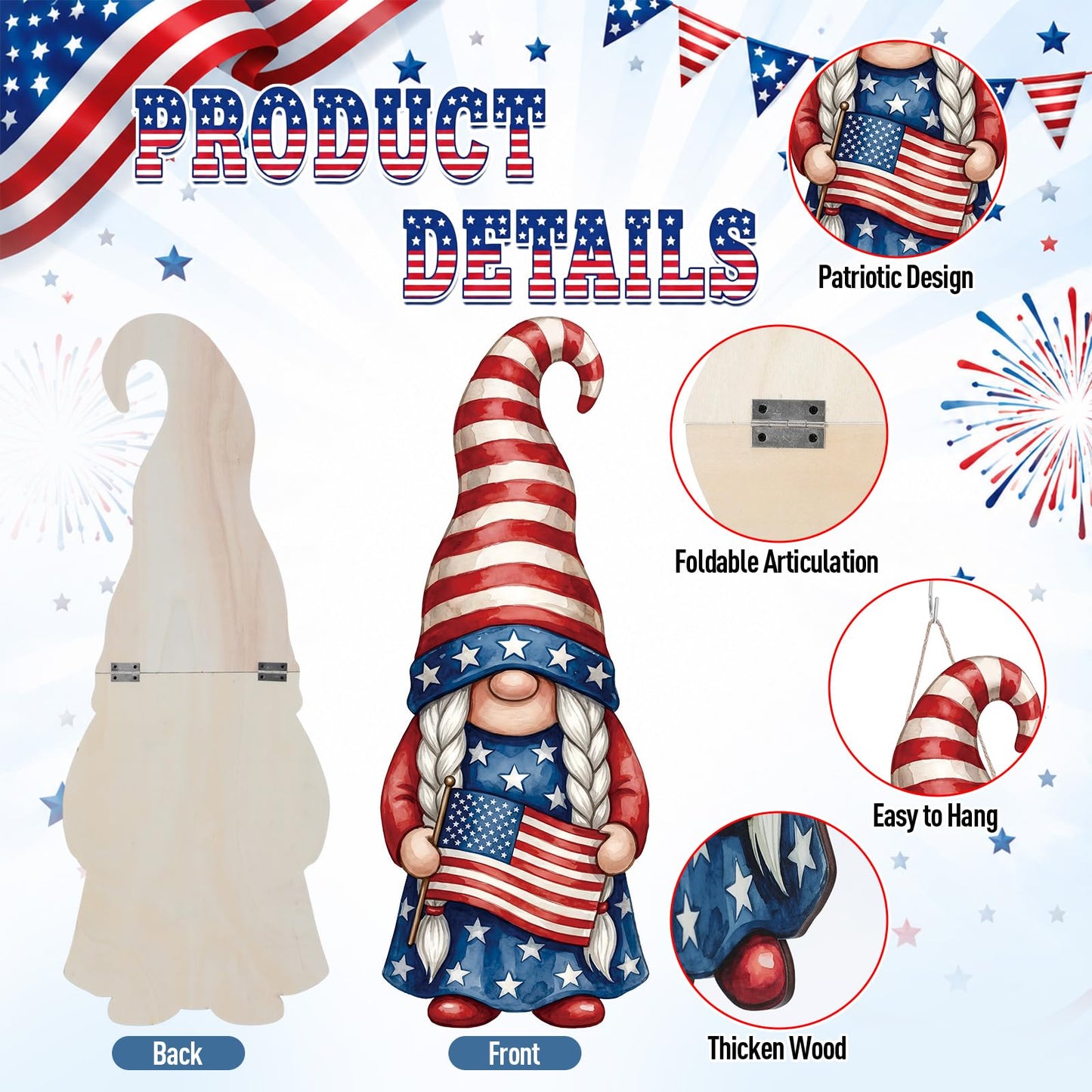 Thyle 2 Pcs Large Patriotic Gnomes Hanging Sign 32.3 x 12.2 Inch 4th of July Wooden Front Door Decorations Gnomes Wood Porch Sign for Independence Day 250th Anniversary Door Hanger
