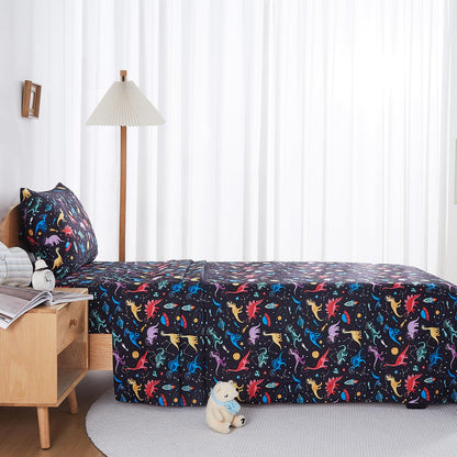lasoftan Kids Sheet Set Twin Size, Twin Sheet Set with Space Dinosaur Pattern，Breathable Silky Soft Microfiber Kids Fitted Sheet