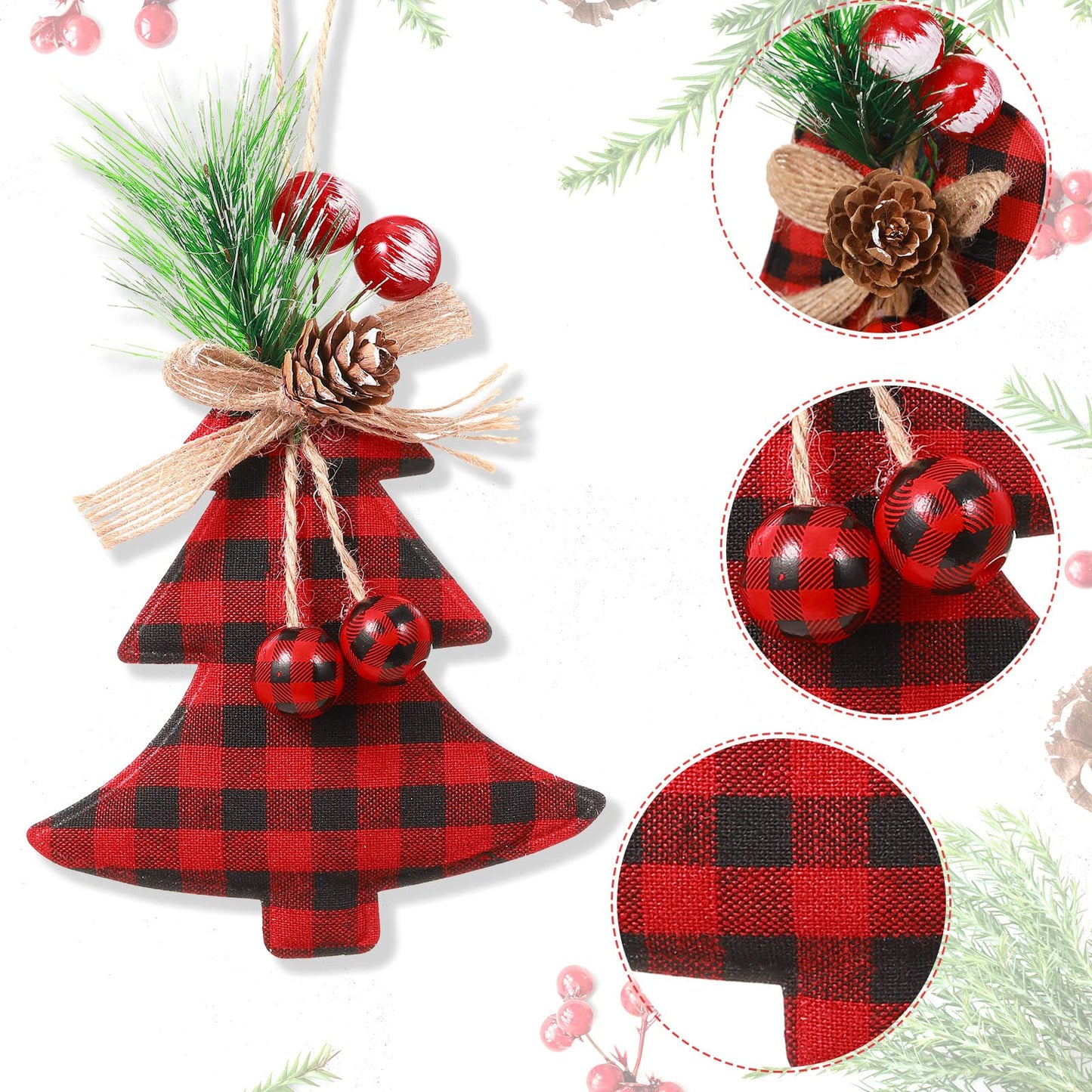 Sratte 20 Pcs Rustic Christmas Tree Ornaments Set 2.5" Hanging Burlap Plaid Ball 3.1"-6" Red/White Black Buffalo Check Ball for Farmhouse Christmas Ornaments Country Xmas Decorations(Red,Black)