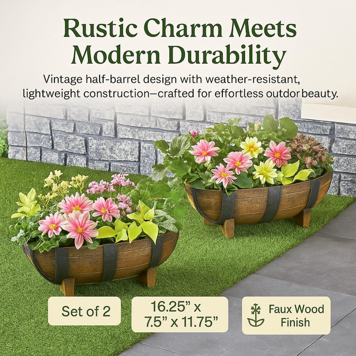 Rustic Half Barrel Planters – Set of 2, Faux Wood Outdoor Flower Pots with Drainage Hole & Feet, Weather-Resistant Polypropylene Garden Containers, 16.25" x 7.5" x 11.75"