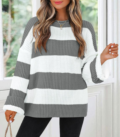 ZESICA Women's 2025 Fall Long Sleeve Oversized Striped Color Block Comfy Loose Crew Neck Knitted Pullover Sweater