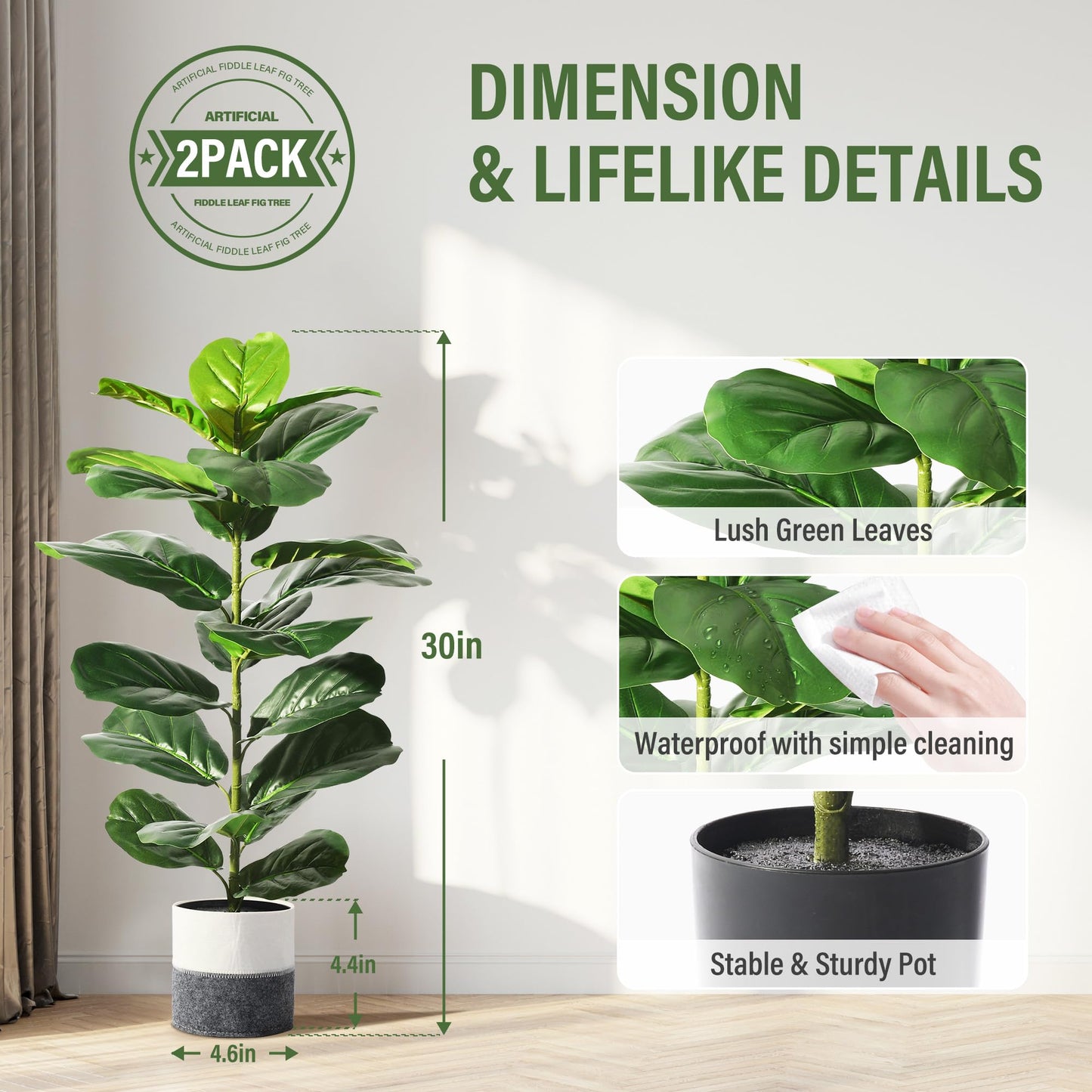 Suntee 2 Pack Artificial Fiddle Leaf Fig Tree, 30" Ficus Lyrata Fake Plants with Pots, Floor Plant Outdoor Faux Plants for Living Room, Corner, Office, Patio, Windowsill Decor