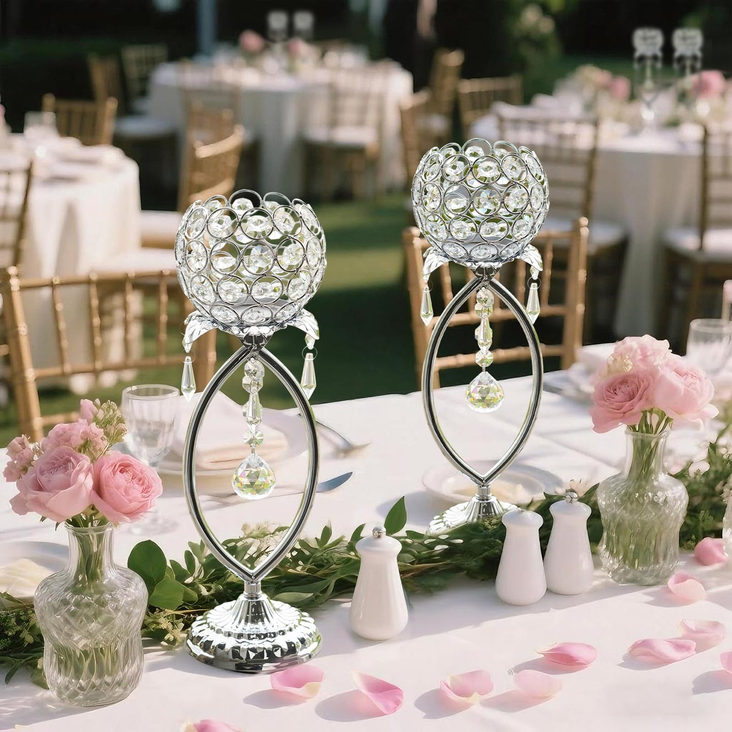 kehail 2 Pcs Silver Elegant Metal Crystal Tea Light Candle Holders with Crystal Pendants, Hollow Design - Wedding Table Centerpieces for Anniversary Birthday Party, Home Decor