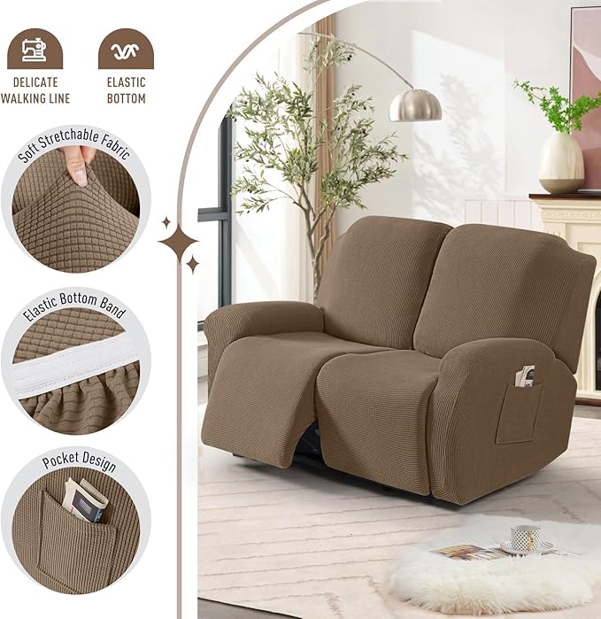 TAOCOCO Recliner Loveseat Slipcover, 6 Pieces Dual Recliner Sofa Covers