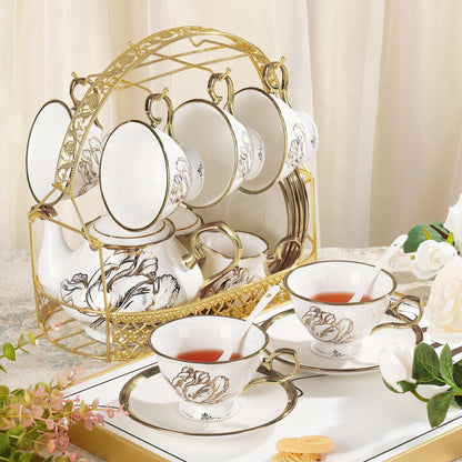 fanquare British Porcelain Tea Coffee Set 22 Piece New Bone China Gold Tulip Tea Service for Afternoon Tea, 6 TeaCup and Saucers with Metal Holder for Home Wedding Birthday