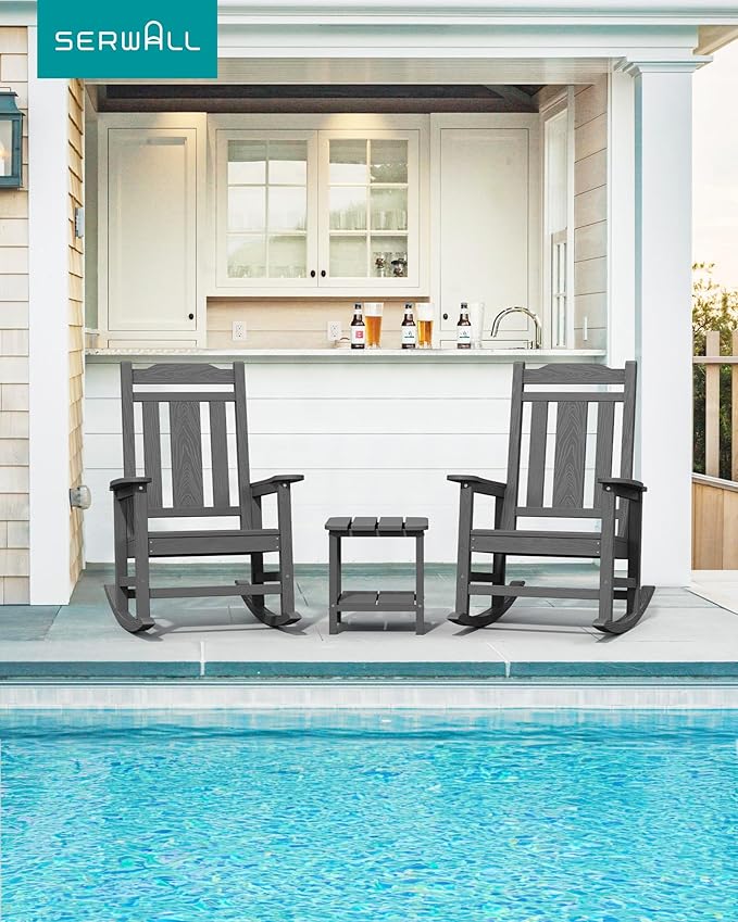 SERWALL Oversized Rocking Chair Outdoor, HDPE Outdoor Rocking Chair, Grey