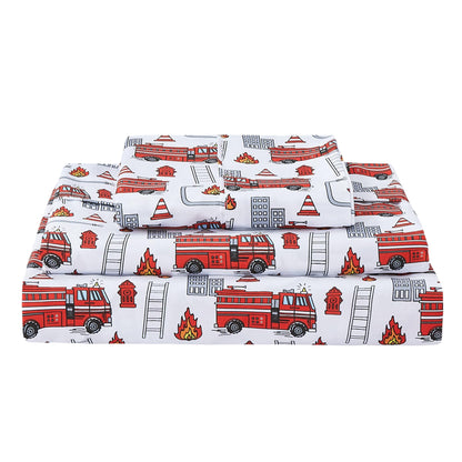 Softan Kids Bed Sheet Set, Boys Full Size Sheets, Microfiber Kids Fitted Sheet and Pillowcase, Breathable and Silky Soft, 4 Piece Fire Engines Printed Full Bed Sheet