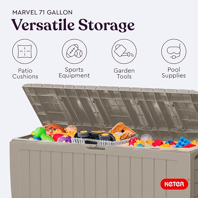 Keter Marvel Plus 71 Gallon Resin Outdoor Storage Box for Patio, Balcony & Garden – Weather‑Resistant Deck Box for Cushions, Pillows, Pool Floats & Tools, Beige