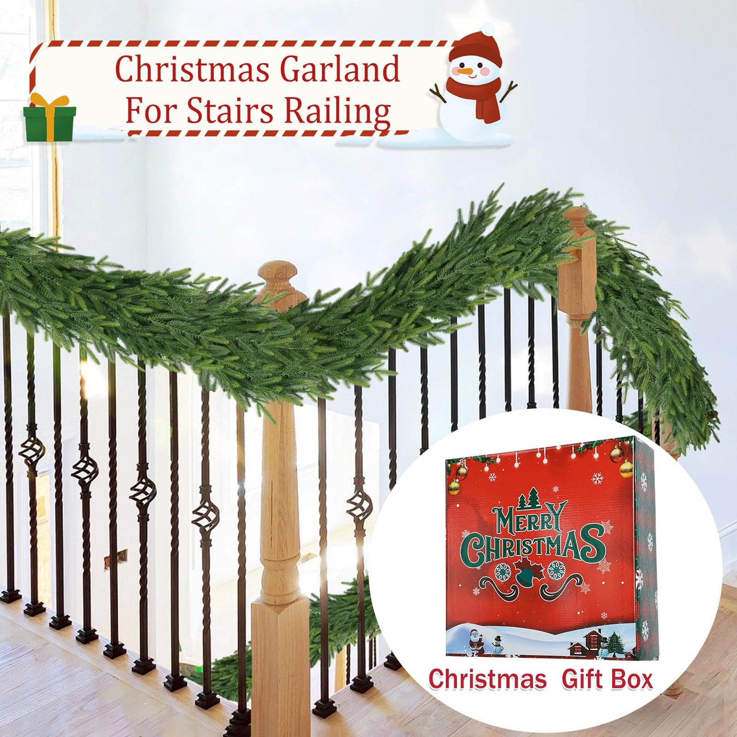 9Ft Christmas Garland for Staircase Railing Soft Bendable Real Touch Artificial Faux Evergreen Cedar Pine Mantle Garland for Fireplace Porch Table Home Yard Christmas Indoor Outdoor Decor(Real Pine)