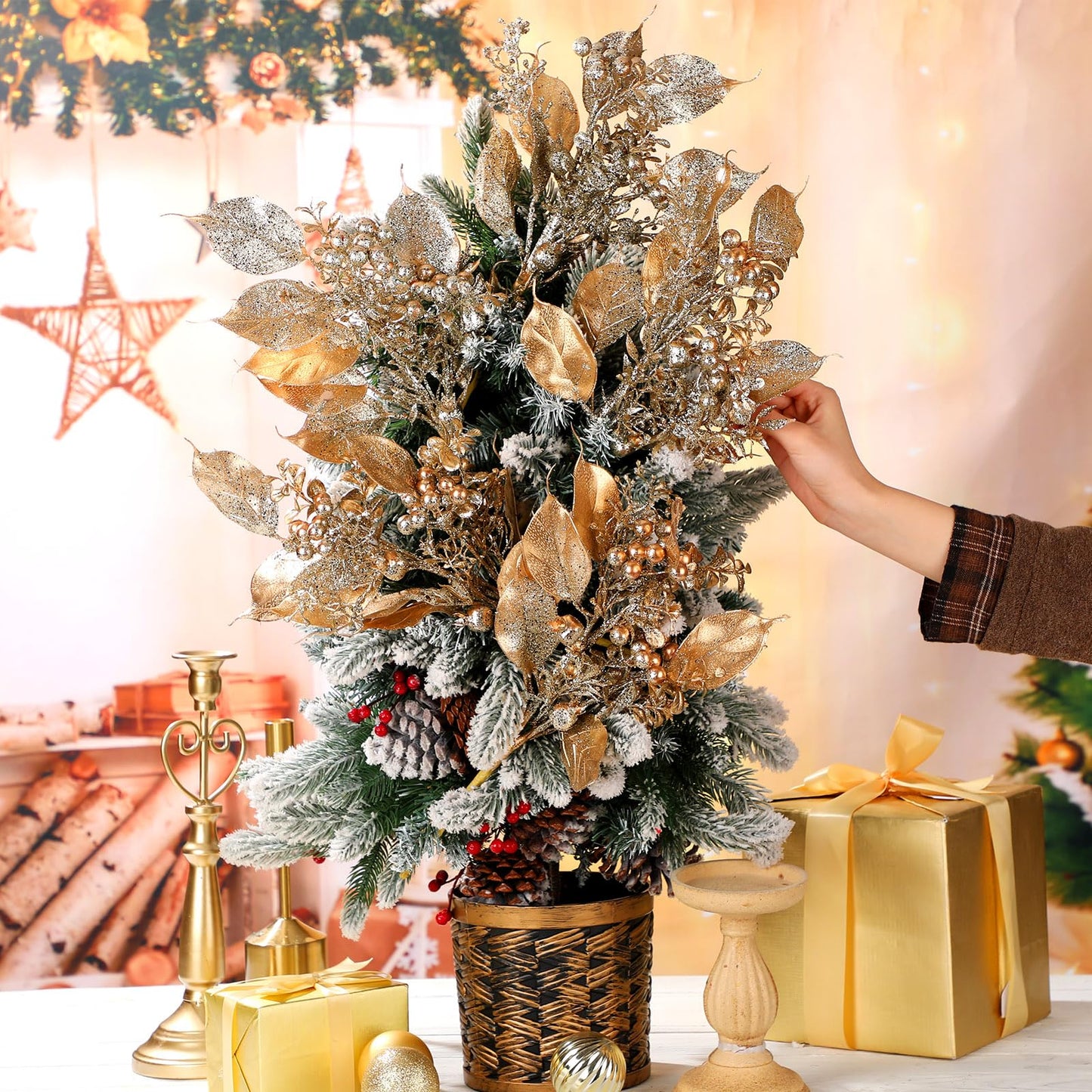 Thiccywoov 6 Pcs 16 Inch Christmas Magnolia Picks Champagne Christmas Tree Picks Glitter Gold Artificial Magnolia Flower Leaves Berries Branches for Xmas Tree Winter Vase Wreath Holiday Decor