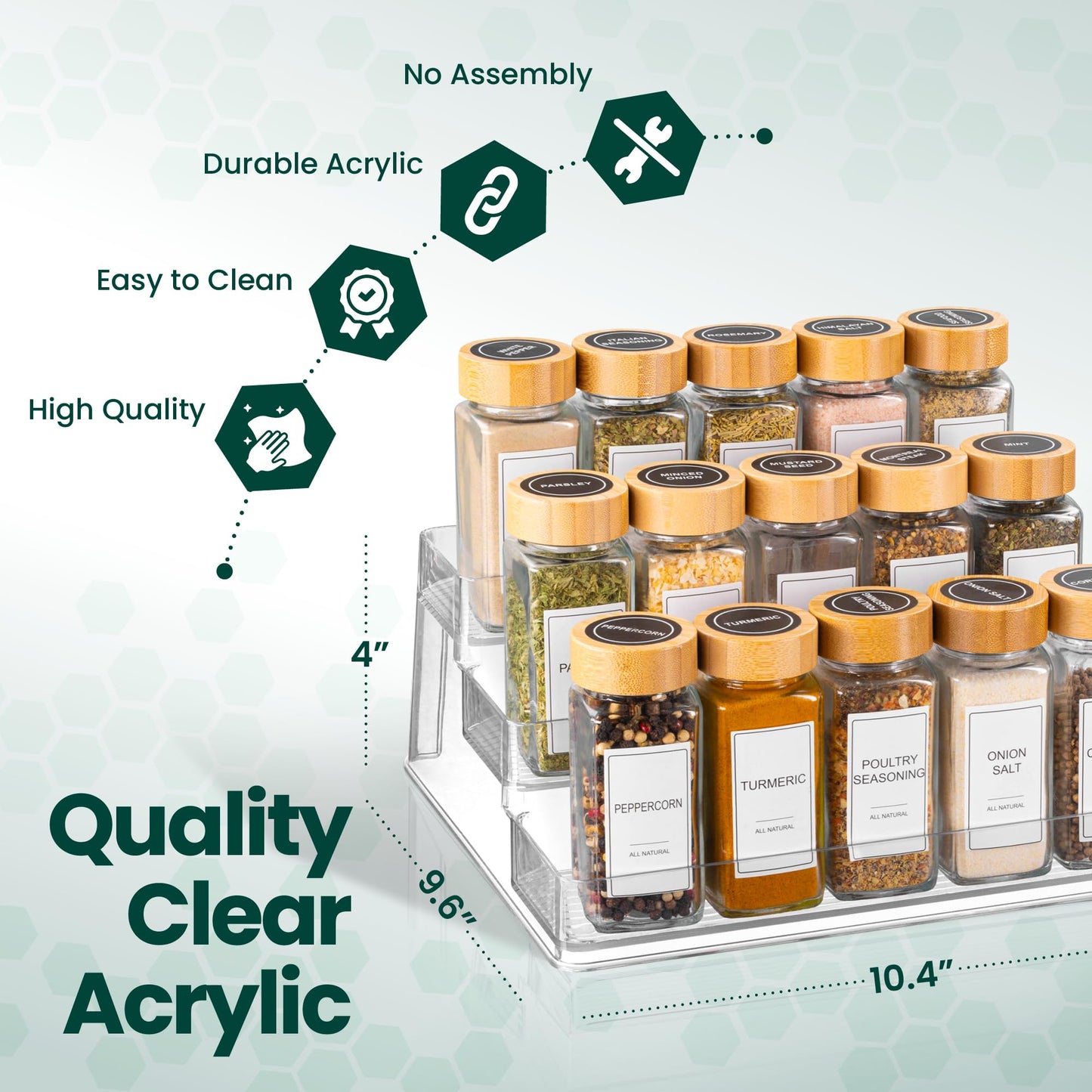 Oizeir Clear Spice Rack (2-Pack) - 3-Tier Acrylic Organizer for Cabinet - Deep Spice Shelf - 10.4 x 9.6 x 4 Inches - Holds Seasoning and Condiments