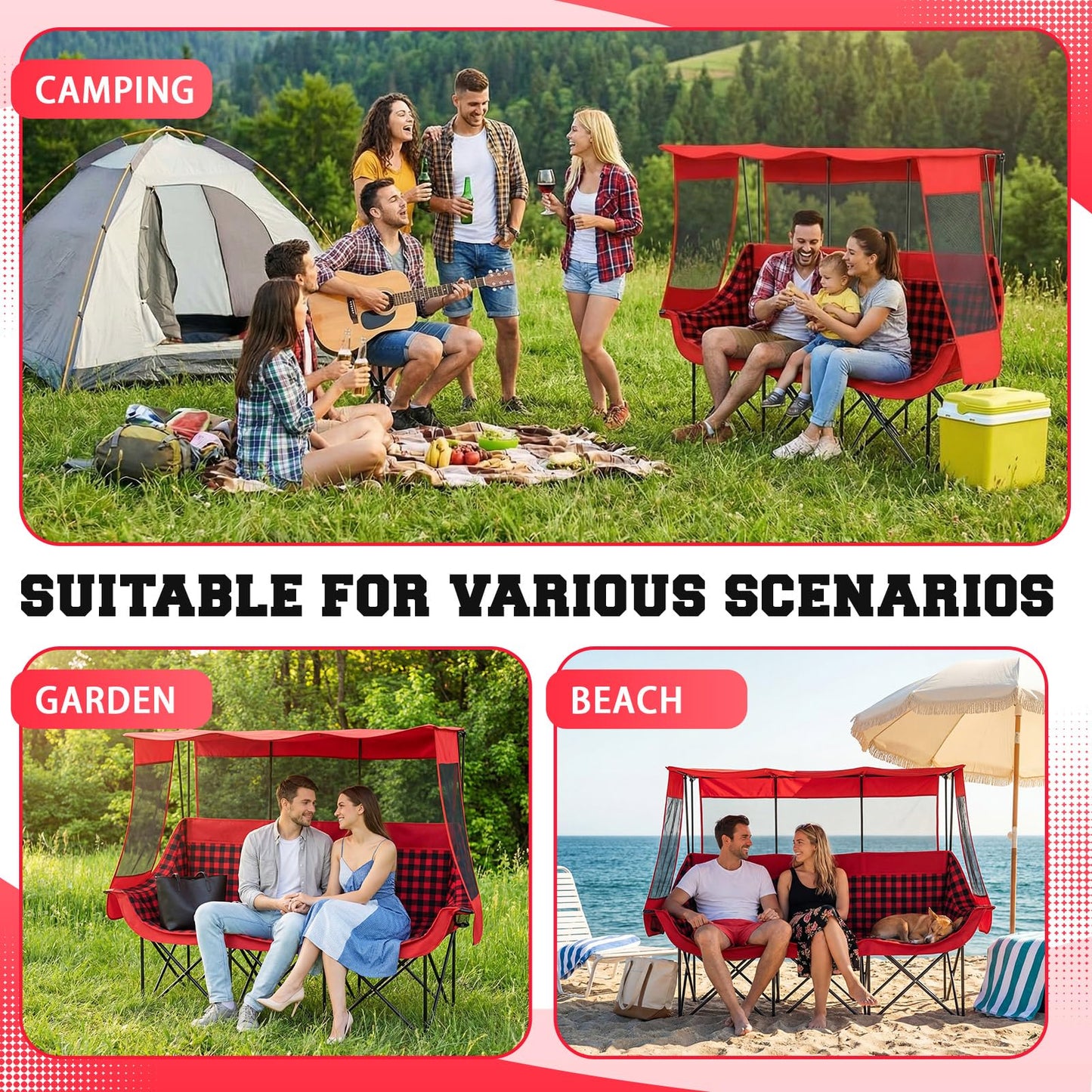 Teenyyou 3 Person Camping Chair with Canopy – Ultimate UV Sun Protection, 700lbs Heavy Duty Oversized Beach Chair, Foldable Portable Sofa with Cup Holder & Storage for Beach Lawn Outdoor(Red Black)