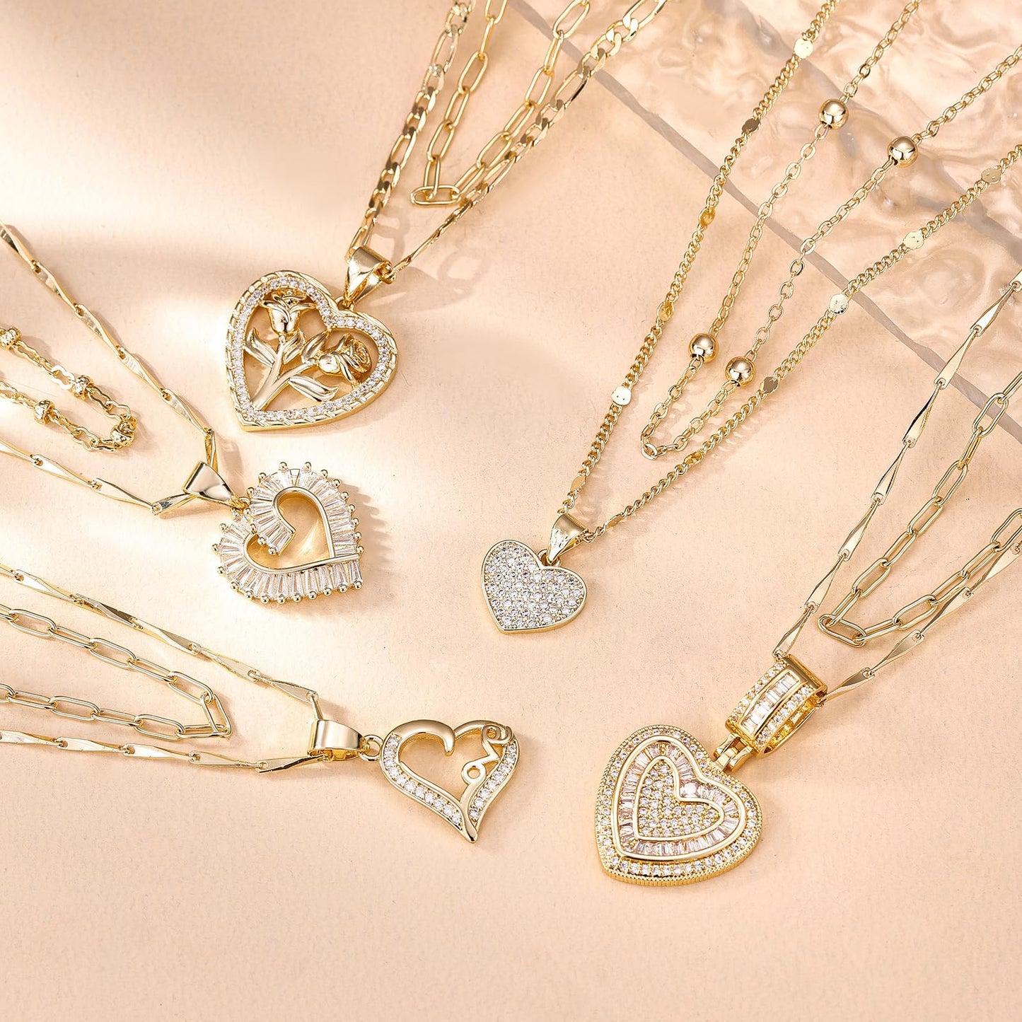 MEIITRUE Heart Necklaces for Women Trendy 14k Gold Plated Dainty Layered Necklace Set Cubic Zirconia Pendant Choker Paperclip Chain Stackable Jewelry Gifts for Her