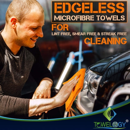 Towelogy® 520gsm Professional Microfibre Edgeless Car Cloths QUICK DRY for Auto/Moto Detailing Polishing Washing STREAK FREE & LINT FREE 40x40cm (Grey/Orange, Pack Of 2)