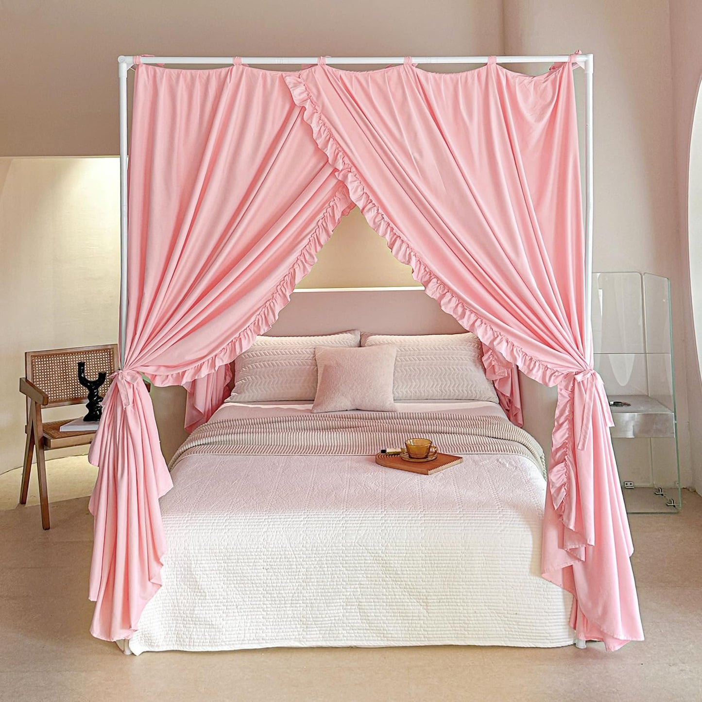 AIKASY Princess Canopy Bed Curtains with Top Ties - Windproof & Lightproof for Girls' Adult Bedroom Decor | Bed Canopy Drapes (Full,Pink)