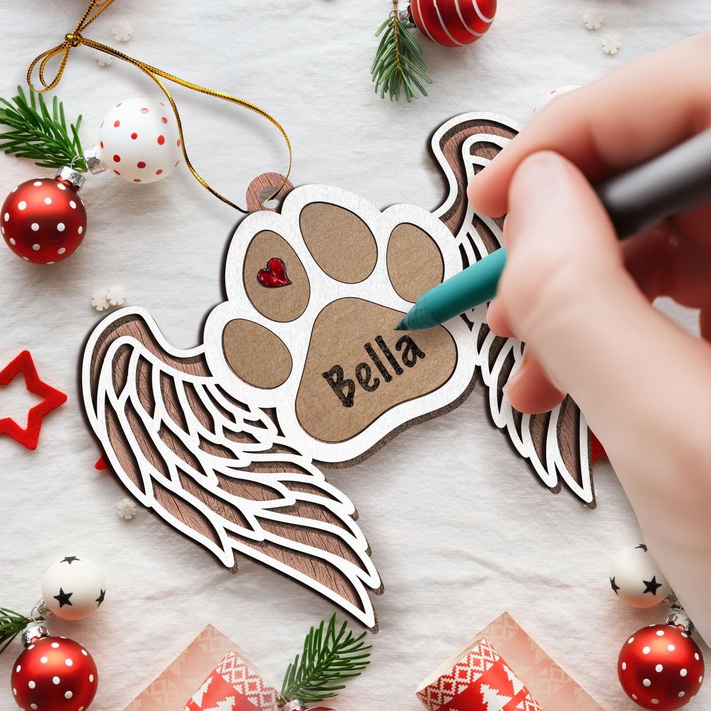 Personalized Dog Memorial Ornament - Angel Wings Pet Paw Print Decoration - Personalize with Your Dog's Name Or Message Using a Marker (Marker not Included)