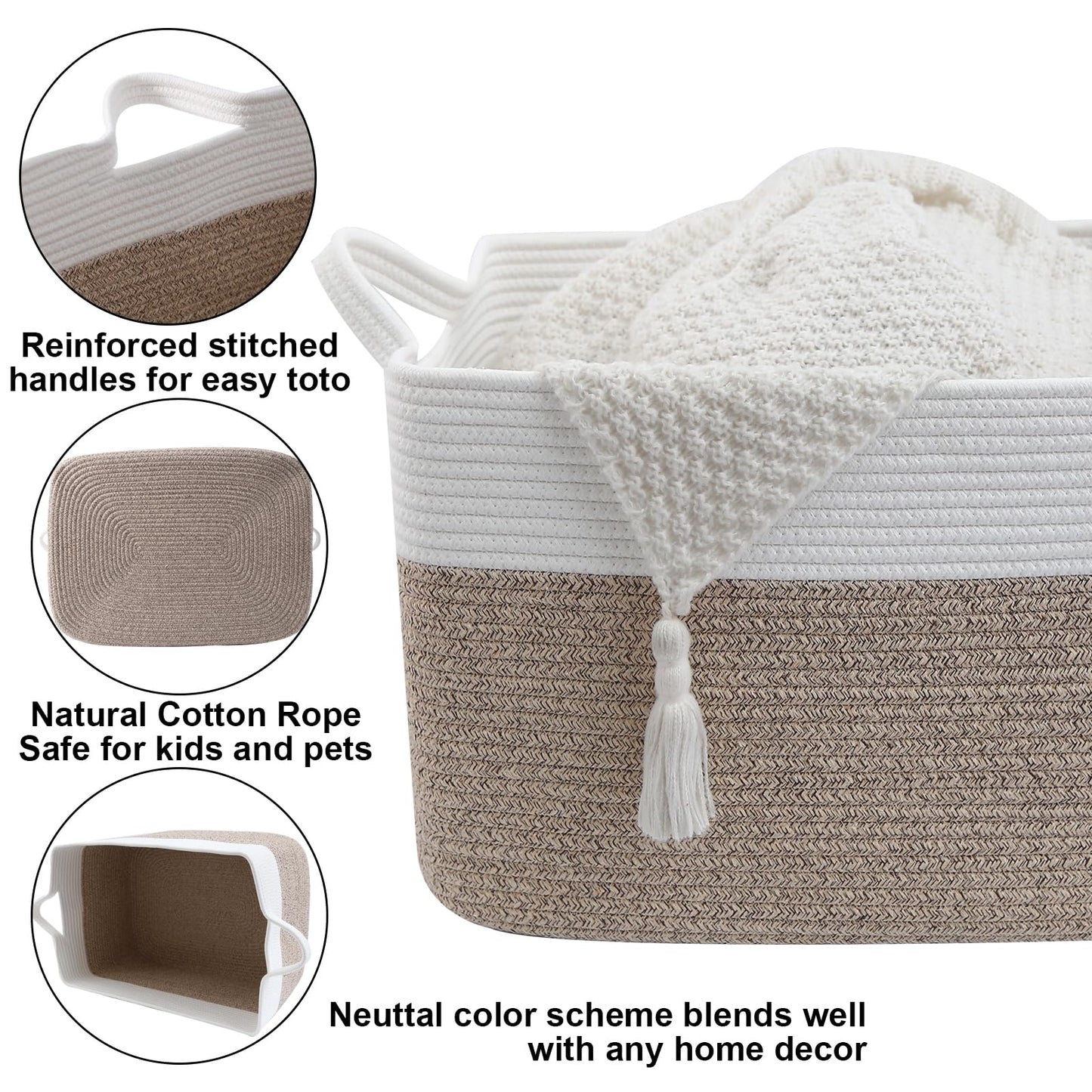 HZFTJOY Large Blanket Basket,Woven Rope Basket Storage Bin with Handles,65L Rectangle Laundry Basket for Magazines,Toys,Clothes,Newspaper Shelf Organization,Nursery and Living Room,White & Brown