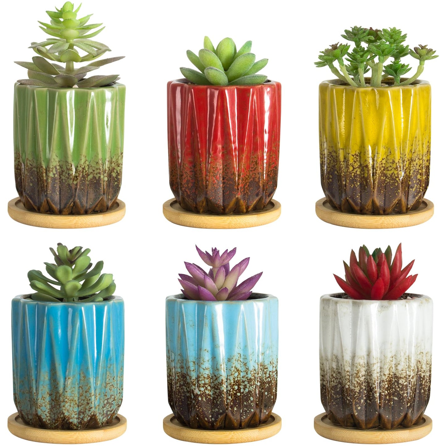 ARTKETTY Succulent Pots - 3.15 Inch Small Plant Pots with Drainage Trays Set of 6, Ceramic Pots for Indoor Plants Glazed Cactus Flower Pots Decorative Garden Home