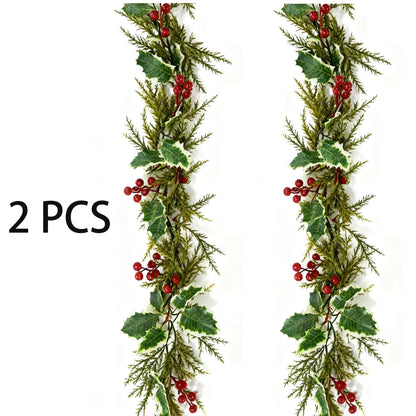2Pcs 5.7Ft Artificial Christmas Garlands, Red Berry Greenery Leaves Xmas Garland for Mantel Fireplace Holiday Winter Xmas Decor