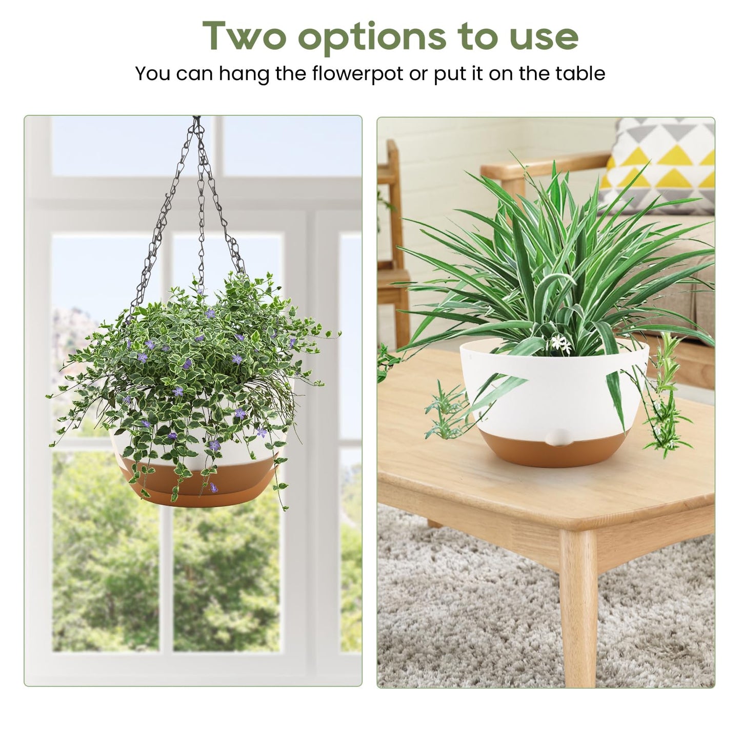 Dovesail 8.3 Inch Hanging Planter, 3 Pack Hanging Plastic Plant Self Watering Pot with Drainage Holes and Saucers, Hanging Baskets Flower Pots for Indoor Outdoor Garden Plants and Flowers-White