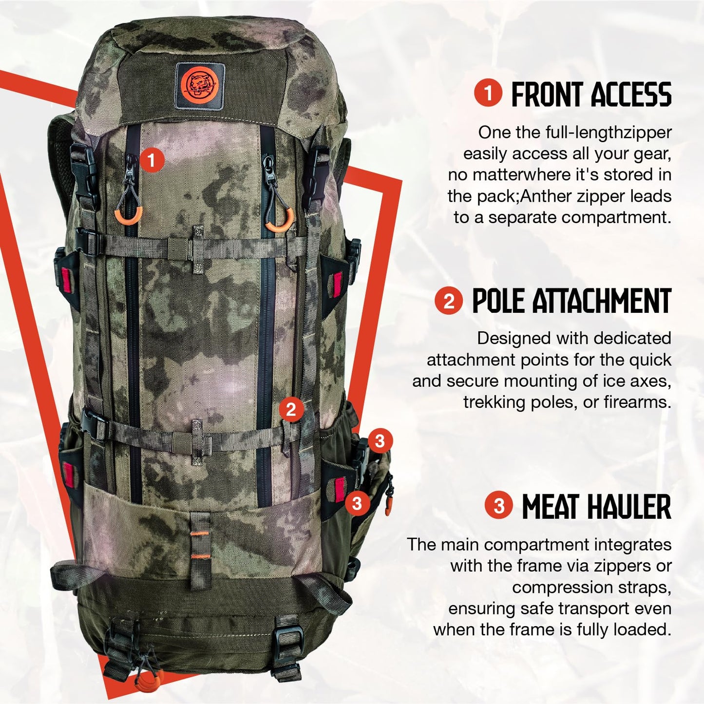 TKLoop Hunting Pack for Men – 40L Expandable Tactical Frame Backpack, Meat Hauler, Rifle Holder, Shotgun Rest, Water Resistant, Camouflage