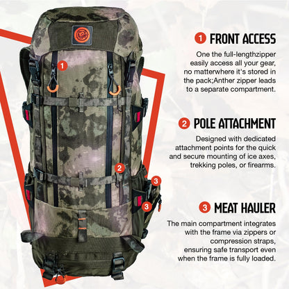 TKLoop Hunting Pack for Men – 40L Expandable Tactical Frame Backpack, Meat Hauler, Rifle Holder, Shotgun Rest, Water Resistant, Camouflage