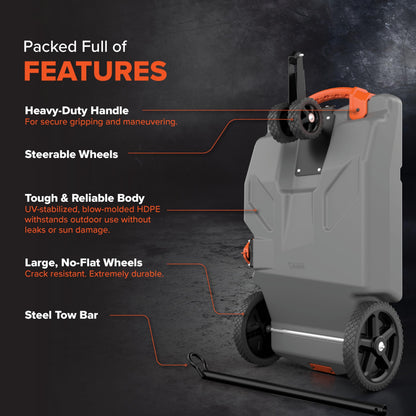 Camco Rhino 28-Gallon Portable RV Tote Tank - Features 2 Steerable No-Flat Front Wheels & Built-in Gate Valve - Includes Removable 24" Tow Bar, 3’ Sewer Hose & More RV Accessories (39005)