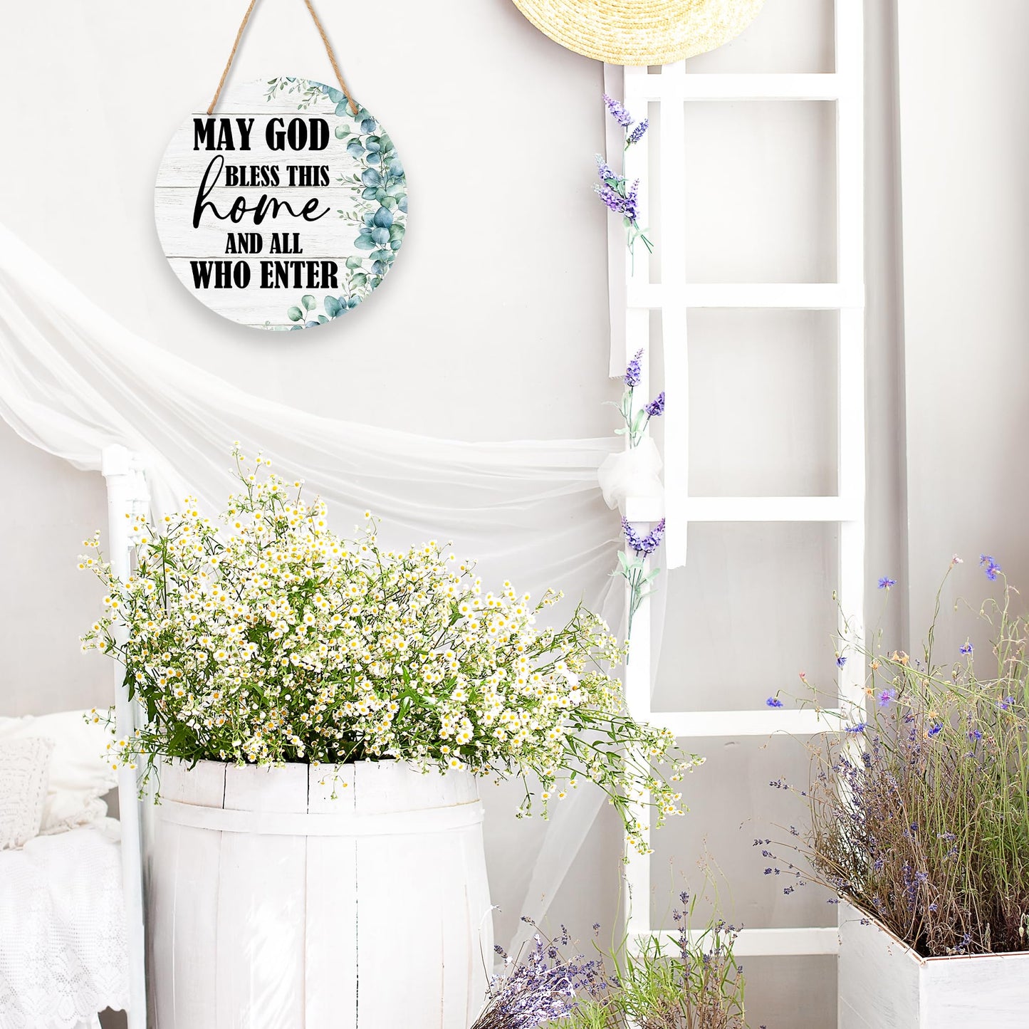 Rustic Round Wooden Hanging Sign - May God Bless This Home - 10 ’’ Eucalyptus Leaves Wooden Wall Hanging Door Sign - Farmhouse Wall Art Decor For Home Office Room -Housewarming Gifts For Women Men-A01