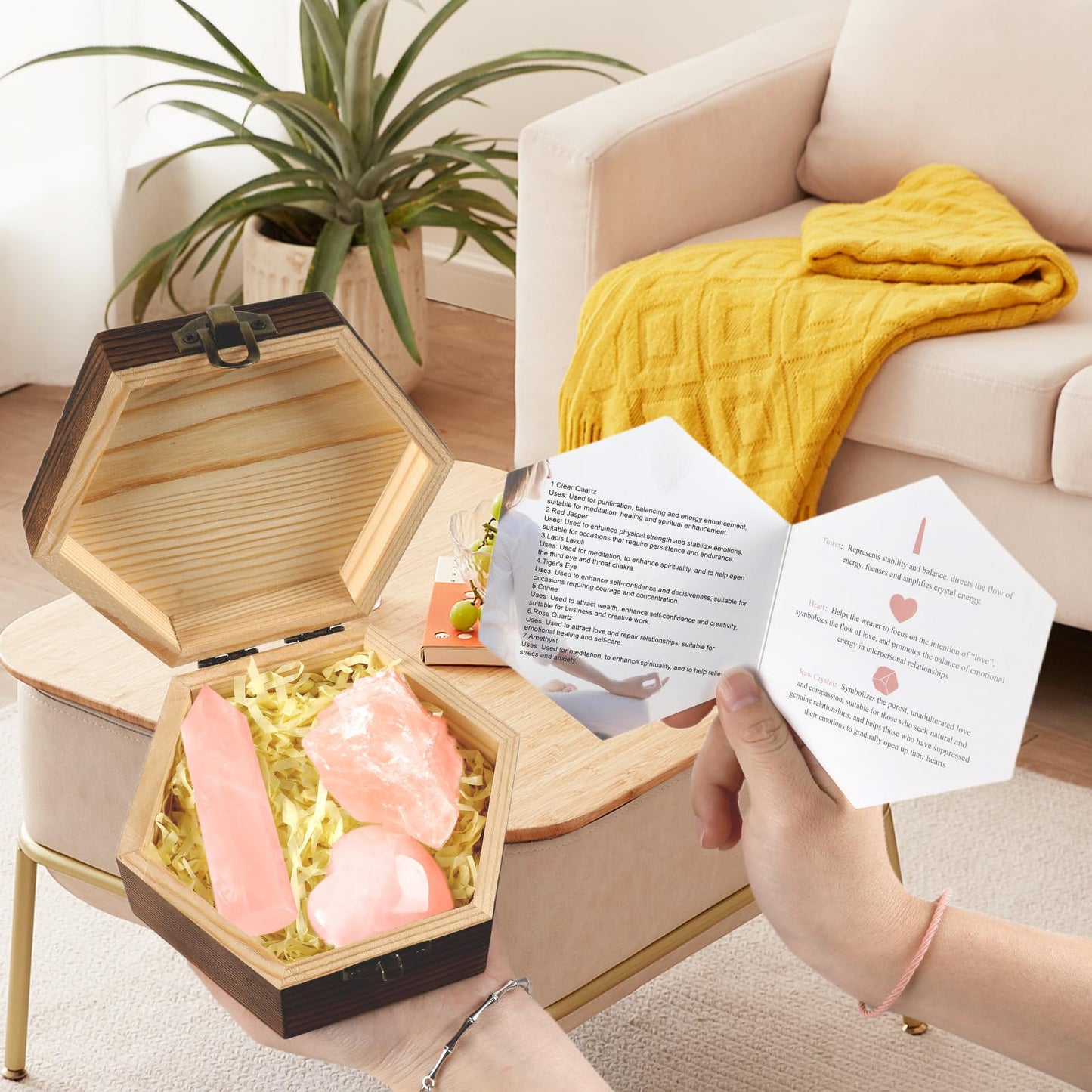 Hazms Rose Quartz Crystals with Wooden Gift Box, Crystals and Healing Stones Set with Rose Quartz Tower, Heart Stone, Raw Crystals for Love, Meditation, Chakra, Reiki, Home Decor- Gift for Women
