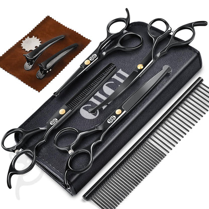 CIICII Dog Grooming Scissors Kit, 10-in-1 Professional Pet Grooming Scissors Set with Safety Round Tip (Dogs/Cat Hair Cutting Trimming Thinning Shears with Curved Scissor) for DIY Home Salon (Black)