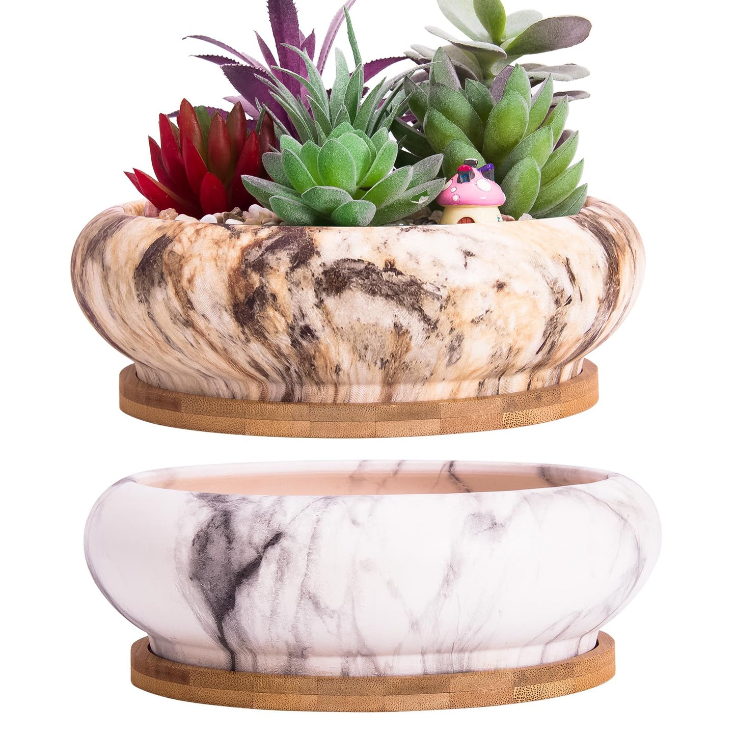 ARTKETTY Succulent Pots - 7.3 Inch Ceramic Bonsai Pots with Trays Set of 2, Large Succulent Plant Pots with Drainage Shallow Planters for Indoor Plants Marble Cactus Flower Plant Container Bowl