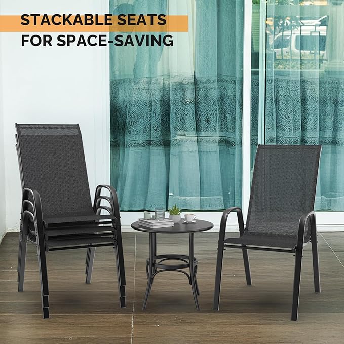 VINGLI Patio Chairs Set of 2 – Stackable Outdoor Dining Chairs with Comfortable Sling High Back Chairs and Armrests for Lawn, Poolside, Courtyard, Balcony, Garden, Black