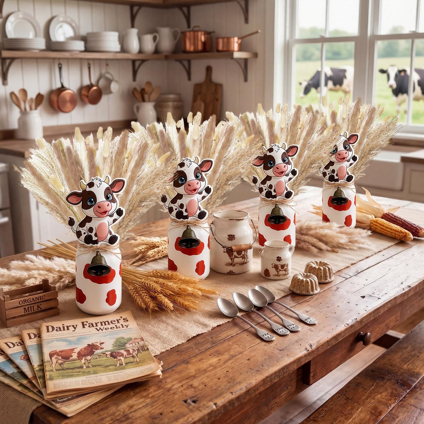 Ferrochef 4 Sets Farm Theme Centerpieces Cow Birthday Party Decorations for Tables, 119 Pcs Farm Party Decoration Include Mason Jars Bell Dried Pampas Grass Kit for Birthday Baby Shower(Brown)