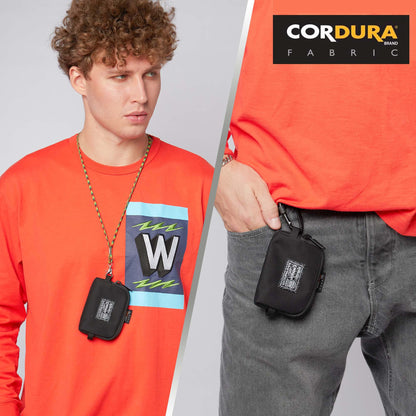 Rough Enough Small Coin Purse Card Wallet Keychain Pouch for Men Women with Zipper Neck Lanyard Black Cordura Water Repellent