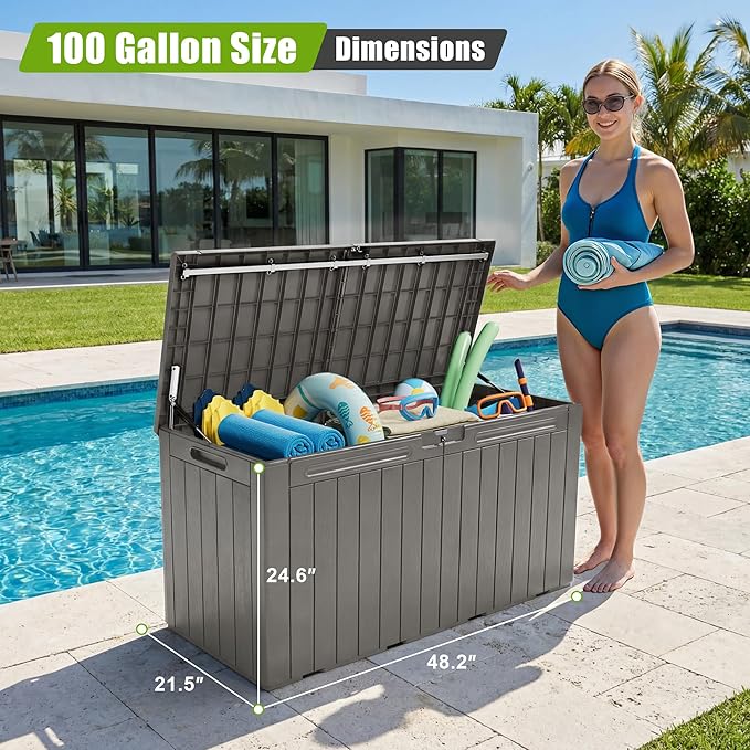 Flamaker Resin Deck Box 100 Gallon Large Lockable Outdoor Storage Box Waterproof for Patio Cushions, Tools, Pool Accessories (Light Brown)