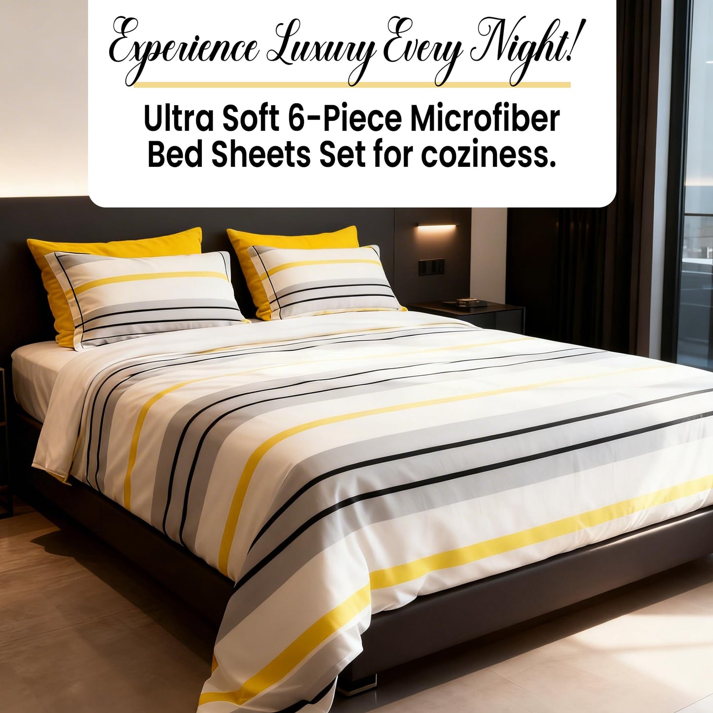 Spirit Linen home 6-Piece Twin Size Bed Sheet Set - Deep Pocket, Striped Pattern, Soft and Breathable Bed Sheets, Microfiber Material, Includes 1 Fitted, 1 Flat, 4 Pillowcases - Grey/Yellow Stripe