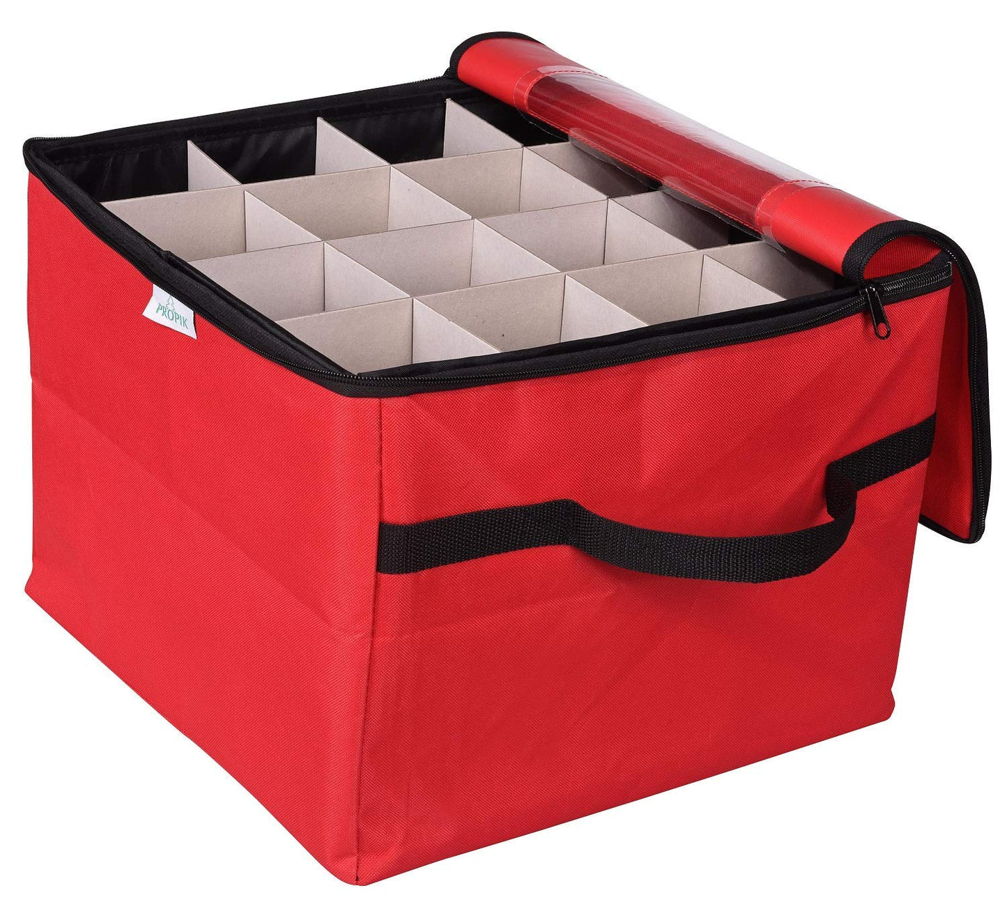ProPik Christmas Ornament Storage Box, Organizer Holds Up to 48 Xmas Balls with 3 Separate Removable Trays, Container has Dividers to Organize Holiday Tree Ornaments (Red)