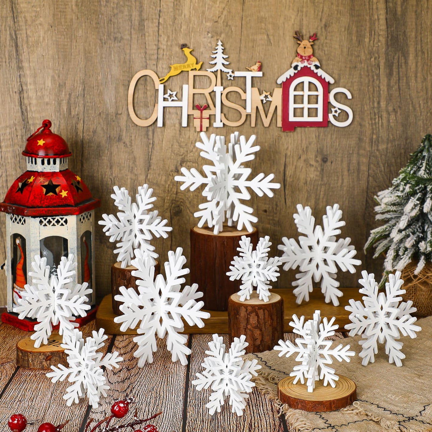 Qunclay 20 Pcs Wooden Snowflake Decorations 3D Snowflake Tabletop Decor Winter Signs and Centerpiece for Winter Wonderland Decorations Xmas Tiered Tray Decor(White)