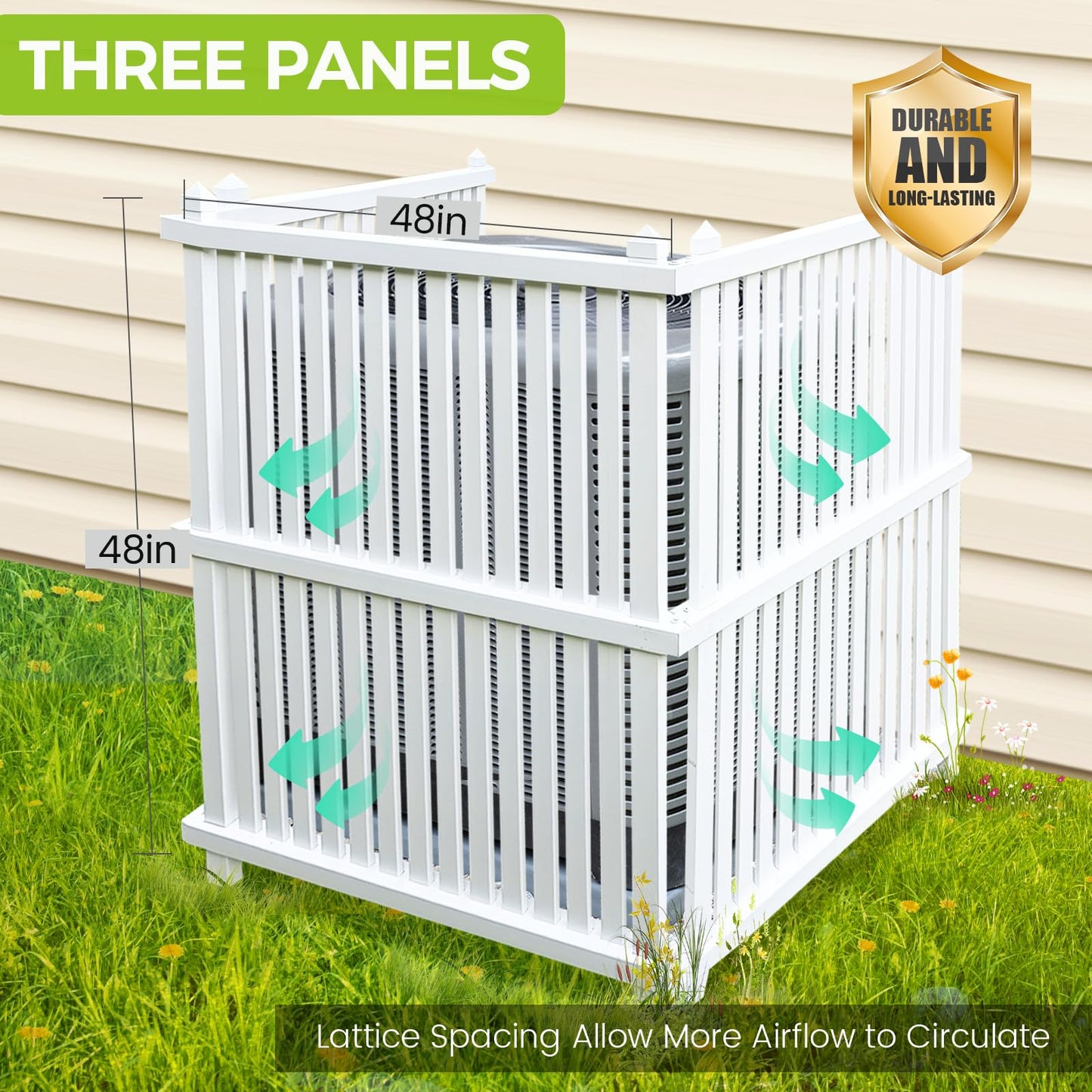 WEEDING Air Conditioner Fence 48" W X 48" H Trash Can Fence Pool Equipment Enclosure Vinyl Privacy Fence Outdoor No Dig Privacy Fence 3 Panels with Metal Stake, White