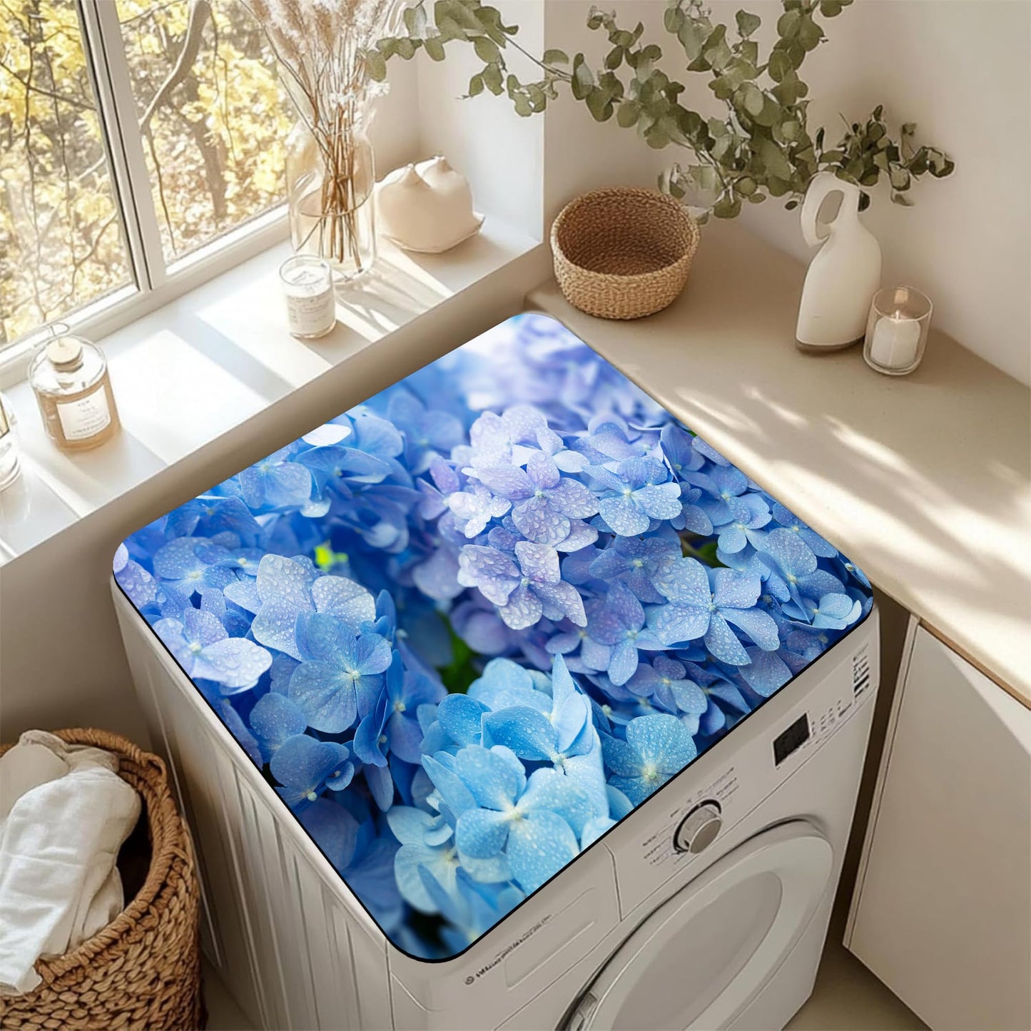 Blue Hydrangea Flowers Washer and Dryer Covers For The Top, Non-slip Fast Drying Absorbent Dryer Top Protector Mat for Kitchen Laundry Room Decor,23.6"x19.7"