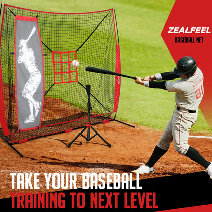 Baseball Softball Net, 7x7 ft Pitching & Batting Net with Dummy Batter, Large Ball Collection System, 2 Strike Zones, Batting Tee, Carry Bag for Batting Pitching Hitting, Great for All Levels