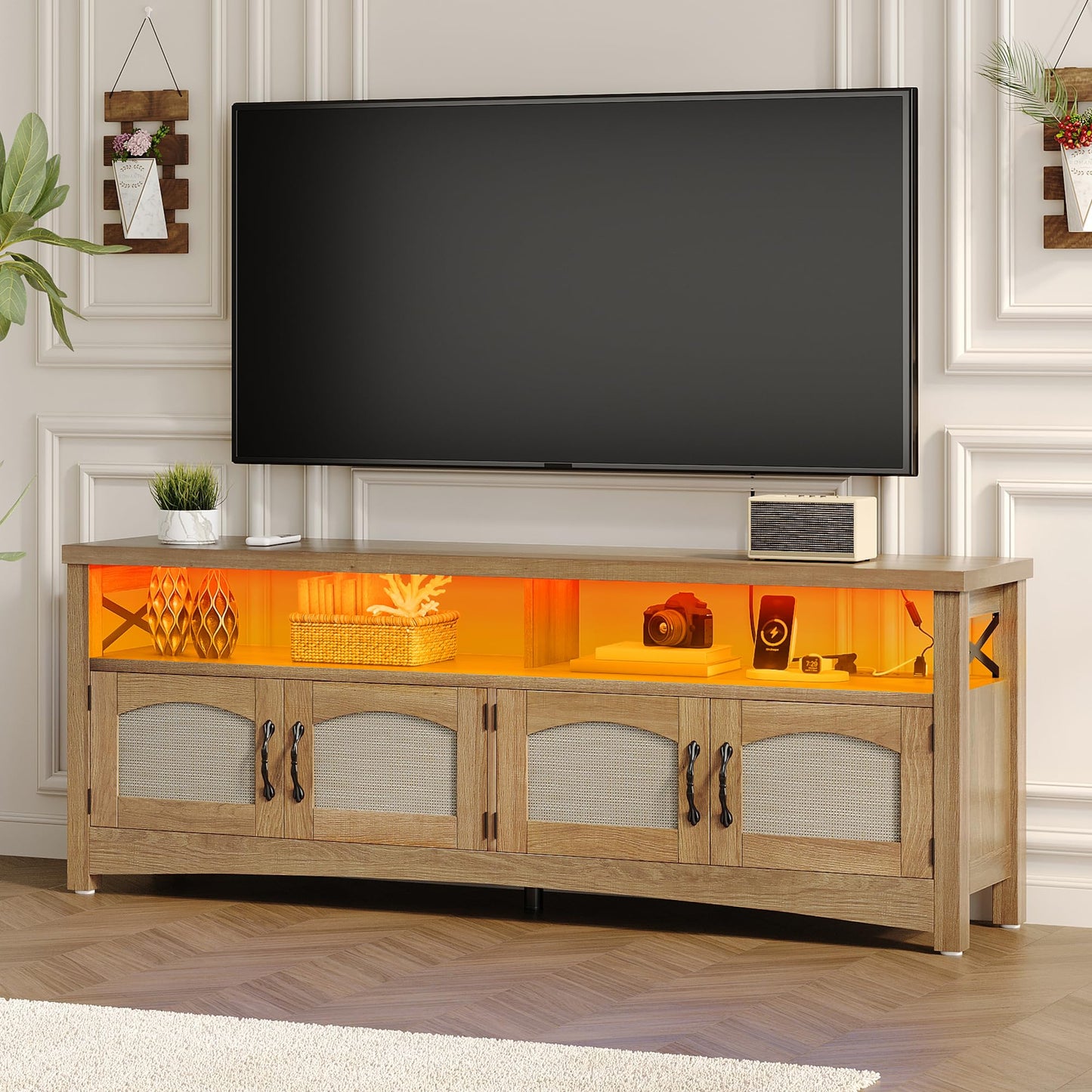 DWVO Farmhouse TV Stand for 65 inch TVs, LED Entertainment Center with Storage, TV Console with Power Outlets, Wooden Bar Coffee TV Table with Shelves for Living Room (Oak)