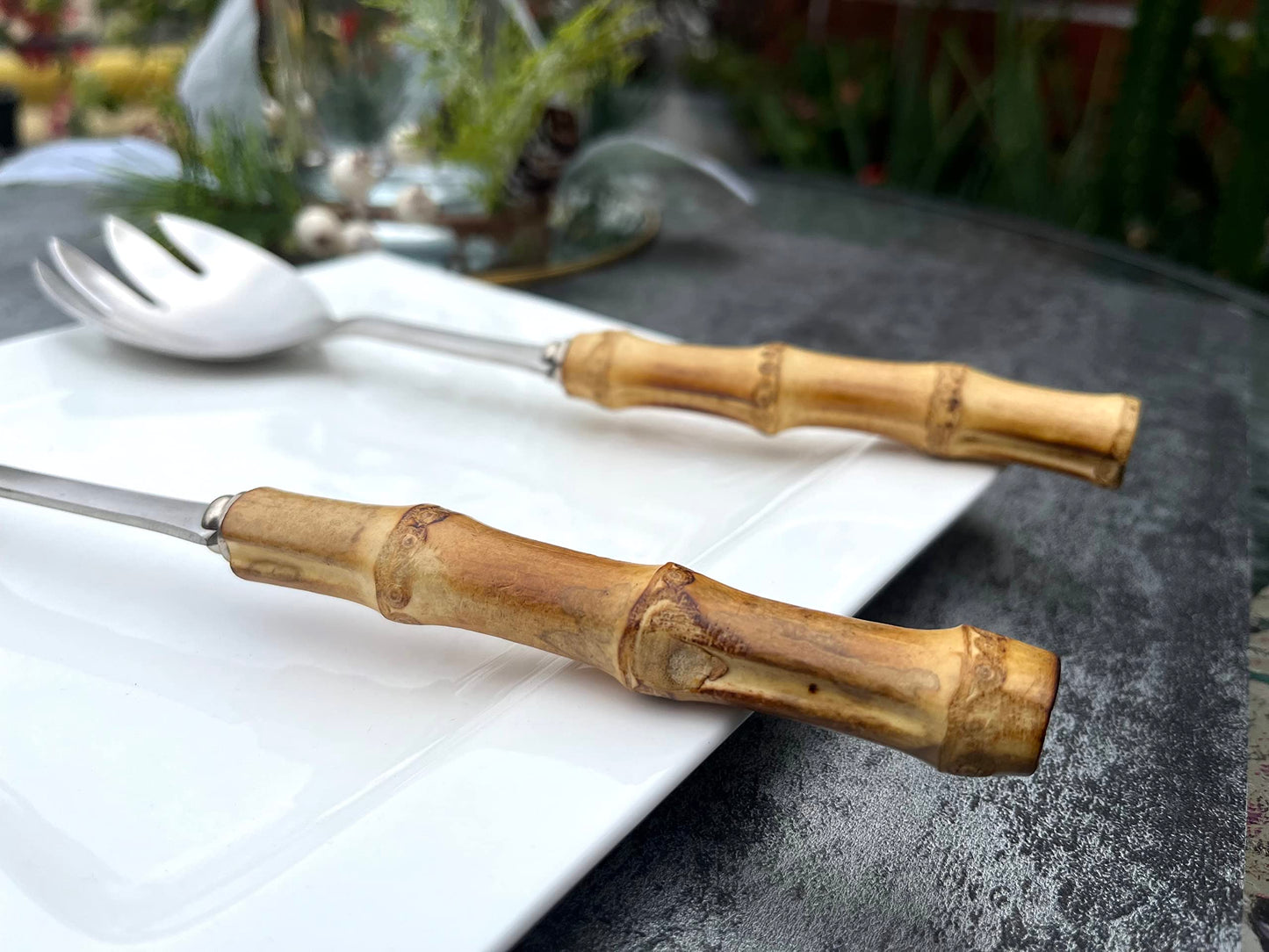 Nature Real Bamboo Handle Serving Set 10 inch Salad Spoon and fork 2-Piece Set Stainless Steel 18/10 Kitchen Utensils Matte Silver