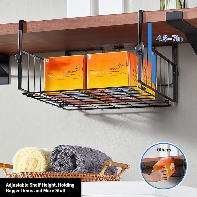 2 Pack Hanging Under Shelf Storage Basket, Adjustable Under Cabinet Add-on