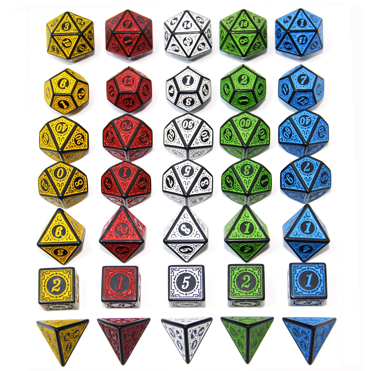 SmartDealsPro Double-Colors Polyhedral Dice Sets with Pouches for D&D DND RPG MTG Dungeon and Dragons Table Board Roll Playing Games D4 D6 D8 D10 D% D12 D20 (5-Color Retro Sets)