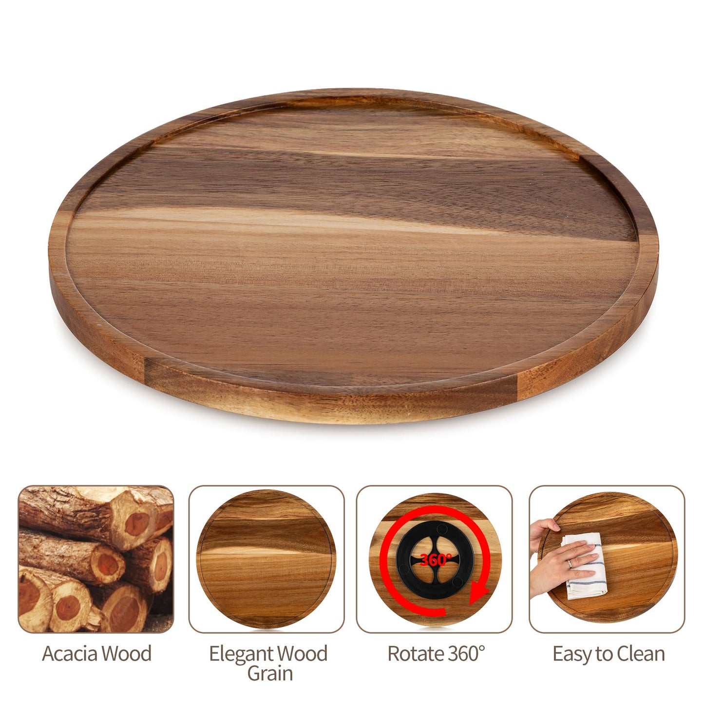 Hanobe Wood Tray Lazy Susan: Round Acacia Wooden Turntable Decorative Coffee Table Trays for Kitchen Counter Centerpiece Organizer Decor for Cabinet