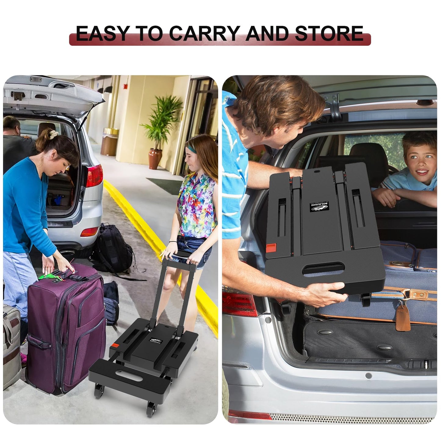 SOLEJAZZ Folding Hand Truck Portable Dolly Cart with Wheels Foldable 500LB Heavy Duty Luggage Cart Collapsible Hand Cart Moving Dolly for Airport Travel Furniture Luggage Office Moving, Black