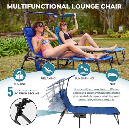 FUNDANGO 4 in 1 Tanning Chair with Face Hole, Beach Lounge Chair with Canopy Shade & Side Table Chaise Lounge Chairs for Patio, Pool, Lawn, Sunbathing, 5-Position Adjustable Sun Lounger, Blue