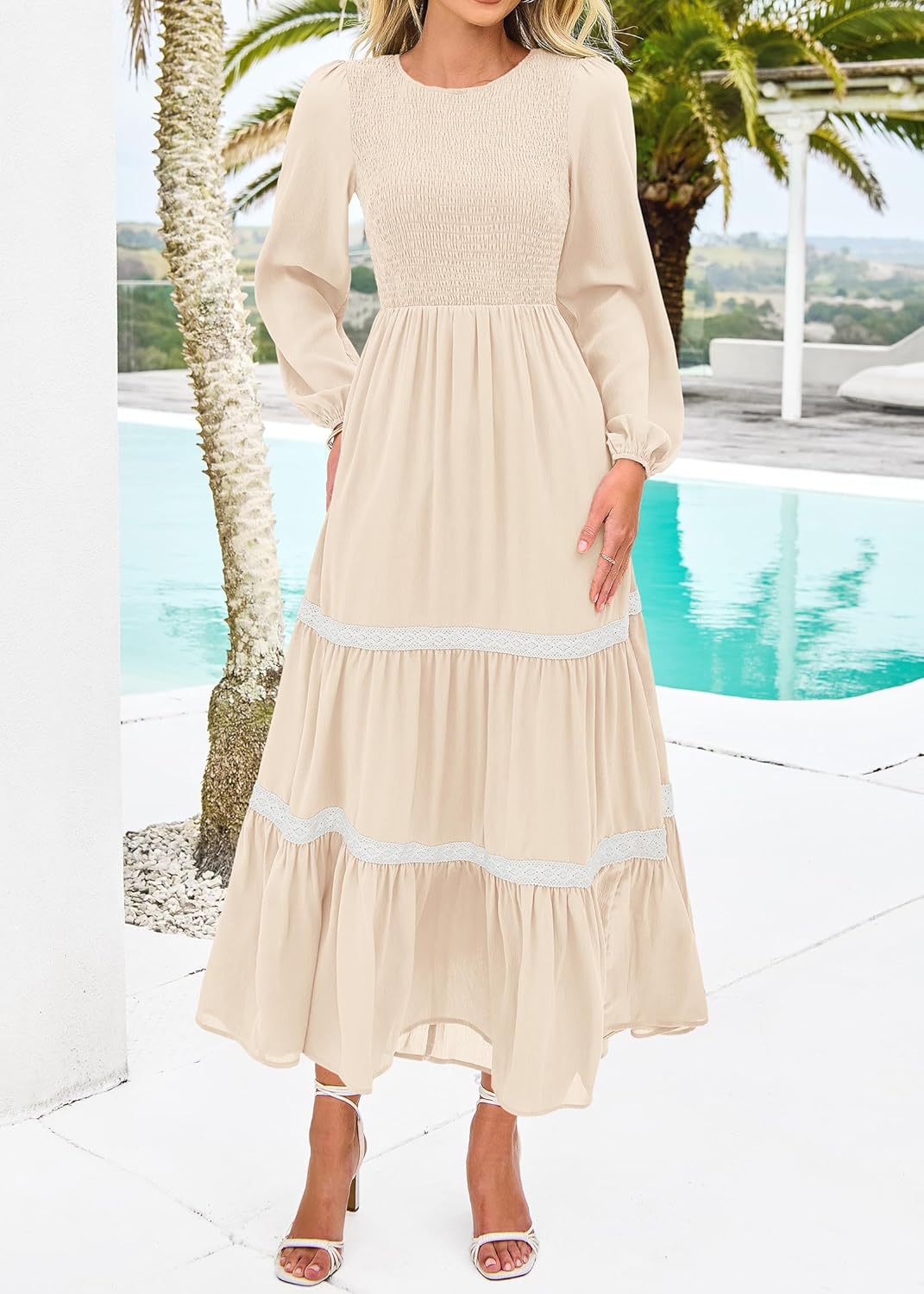 KIRUNDO Womens Smocked Long Sleeve Maxi Dress Wedding Guest Spring Fall Boho Tiered Lace Trim Flowy Long Dresses Pockets